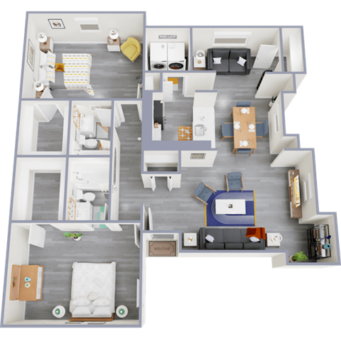 a 3d rendered floor plan of a 3 bedroom apartment